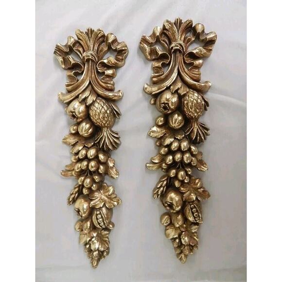 Syroco MCM Hollywood Regency Gold Gilt Fruit Vertical Garland Wall Decor S2 Wood - Picture 1 of 6